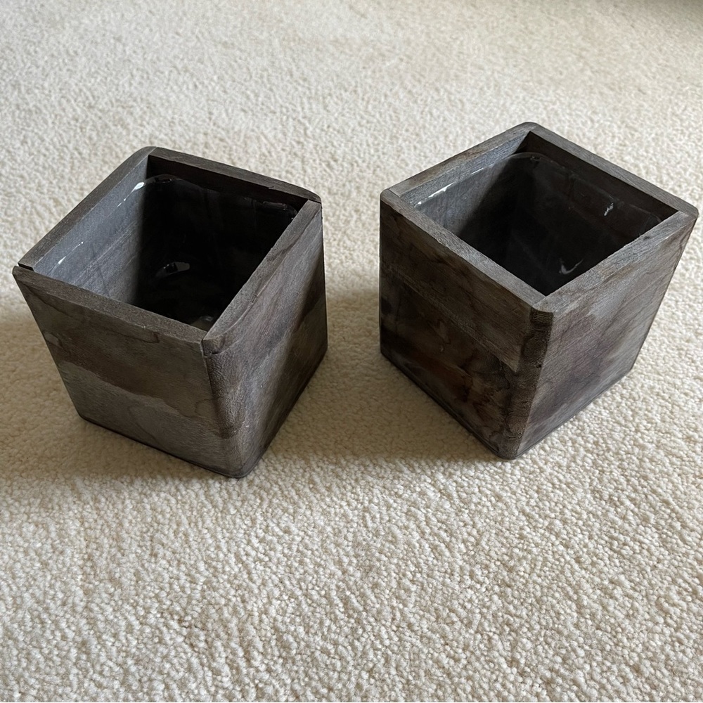 2 Planters 4”x4” Rustic Natural Wood Square Containers Lightweight Plastic Liner